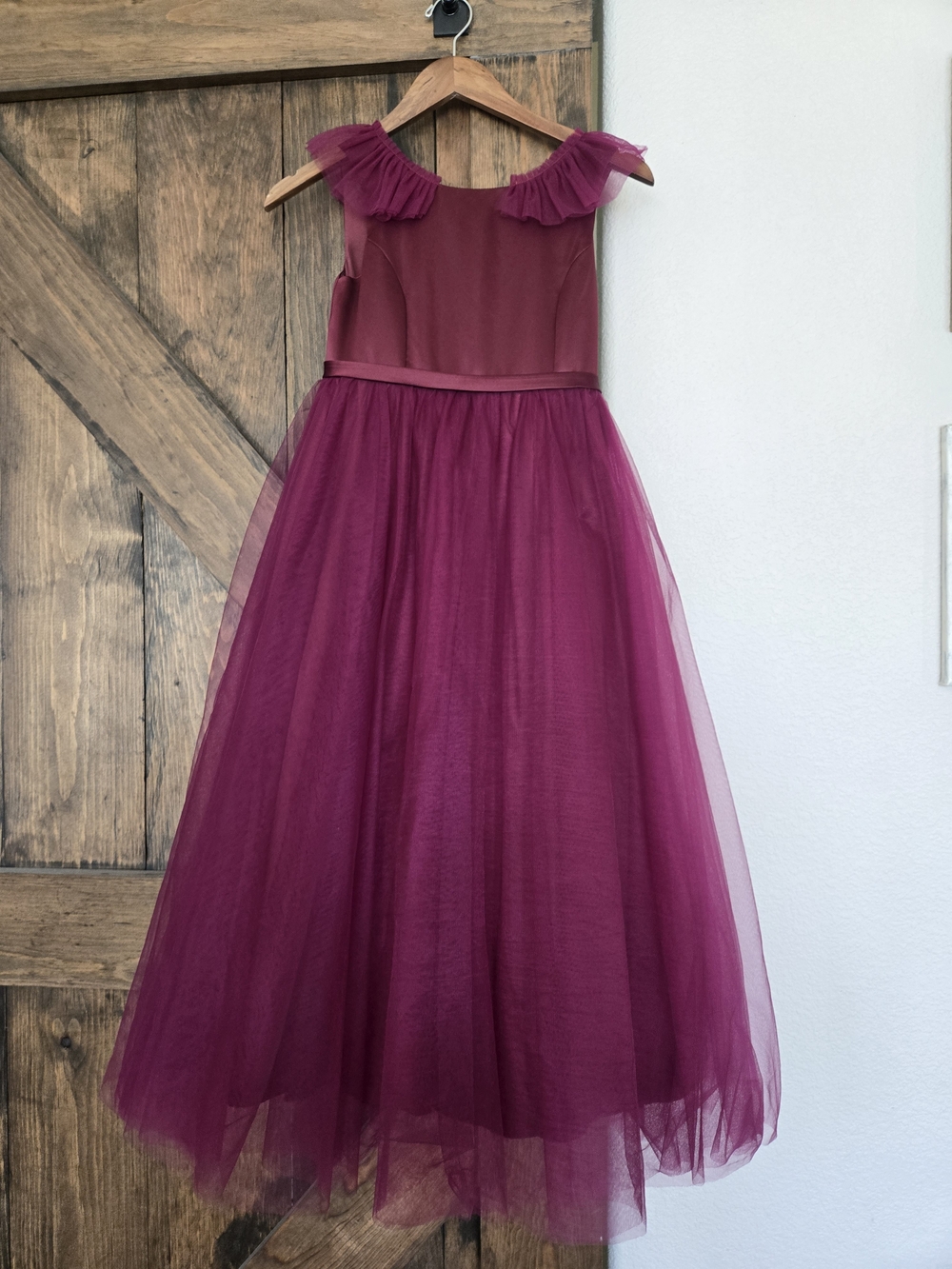 Azazie Girls' Burgandy Tulle Ruffle Shoulder Dress